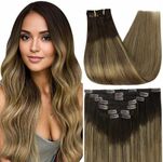 Full Shine Hair Extensions Real Human Hair Brown Ombre Remy Human Hair Clip in Extensions Dark Brown to Light Brown Mix Caramel Blonde Invisible Clip in Hair Extensions Human Hair 20 Inch 7 Pcs