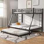 Giantex Twin Over Full Bunk Bed with Trundle, Heavy-Duty Metal Triple Bunk Beds w/Two Side Ladders & Safety Guard Rail, 3 in 1 Bunk Bed Frame for Kids Teens, No Box Spring Needed, Black