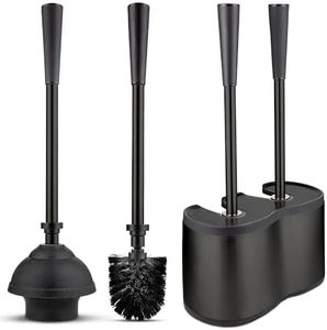 UMIEN 2 Pack Toilet Brush and Plunger Set 18-in - Updated 2025 No-Rust - Stainless Steel Design - Long Handles - with Freestanding Canister (Matte Black)