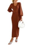 PRETTYGARDEN Women's Pullover Sweater Dress Winter Lantern Sleeve V Neck Business Casual Maxi Dress (Caramel,Medium)