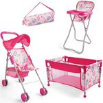 BABESIDE 4Pcs Baby Doll Stroller Set with Doll Pack n Play, Baby Doll High Chair, Reborn Doll Crib with Storage Bag, Reborn Baby Doll Accessories for 17-20 Inches Dolls Kids Gift