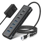 Powered USB Hub, Rosonway 7-Port USB 3.2/USB C Hub with 10Gbps USB-A 3.2, 2 USB-C 3.2, 4 USB 3.0 Ports, Individual Switches and 12V Power Adapter, Aluminum USB Port Expander for Laptop/PC, RSH-A107C