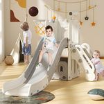 XJD Kids Slide with Basketball Hoop Toddler Climber Slide Playset with Storage Space and Telescope Playground Slipping Slide Indoor Outdoor Exercise Toy for Toddlers 1-3 years (Whitegrey)