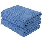 Polyte Microfiber Oversize Quick Dry Lint Free Bath Towel, 60 x 30 in, Set of 2 (Blue, Waffle Weave)