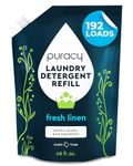 Puracy Natural Liquid Laundry Detergent Refill, 192 Loads, Fresh Linen, 95% Plastic-Free Packaging, Stain Fighting Enzymes, 10x Concentrated Plant-Powered Detergent, Savon Lessive, 1.4L, 48 Ounce