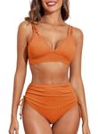 Aleumdr Women Bikini Set Solid Two Piece Bikini Top & High Waisted Bikini Bottom Swimsuit with Stripes Orange L