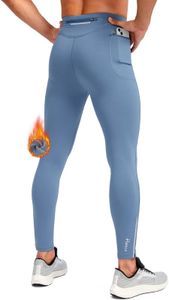 Pudolla Men's Thermal Running Tights with 3 Zipper Pockets Workout Compression Leggings Cycling Pants for Men Hiking Jogging(Slate Blue Medium)