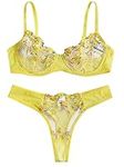 Aphrotiny Womens Lingerie Set 2 Piece Floral Embroidery Matching Bra and Panty Sets Underwire Mesh Floral Lingerie for Women Yellow