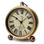 Maxspace Table Clock, Golden Metal Retro Non-Ticking Alarm Clock for Bedroom, Vintage Battery Operated Silent Quartz Movement HD Glass Small Desk Clock for Living Room Indoor Decoration