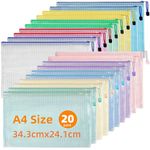 Kiapeak Mesh Zipper Pouch Zipper Bags 20 Pcs, 10 Colors Puzzle Bag for Organizing Storage, A4 Size,Letter Size,Zipper File Bags for Organizing School Supplies, Office, Travel and Home Storage