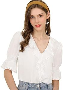 Allegra K Women's Ruffle V Neck Puff Sleeve Blouse Summer Vintage Casual Chiffon Peasant Top, White, X-Large