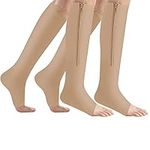 2 Pairs Zipper Compression Socks Calf Socks 15-20 mmHg with Open Toe Best Support Zipper Stocking for Edema, Swollen, Pregnancy