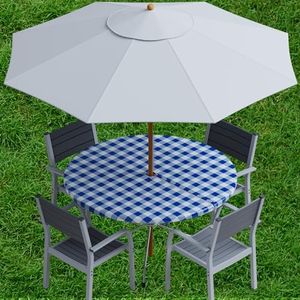 Sorfey Vinyl Umbrella Round Fitted Tablecloth Cover, Checkered Design, Flannel Backed Lining 36 Inch, Blue