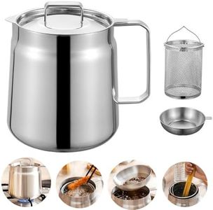Generic Stainless Steel Oil Filter Pot (68oz), Heavy Duty 2L Bacon Grease Saver with Strainer and deep fryer basket,Multi-function 304 Fat Separator for Kitchen, Bright Silver