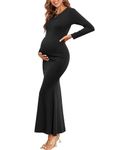 AISWI Maternity Bodycon Mermaid Maxi Dress Sexy Crew Neck Long Sleeve Ribbed Pregnancy Dresses Fall Baby Shower Photoshoot, Black, X-Small