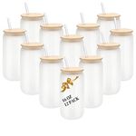 12 Pack Sublimation Glass Cups Frosted Blank Beer Glass Cups with Bamboo Lids Borosilicate Glasses Tumbler Mason Jar Cups Mug with Glass Straw for Beer, Juice, Soda, Iced Coffee, Drinks 16oz