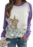 YMING Womens Easter Day Bunny Printed Sweatshirt Long Sleeves Raglan Sleeve Pullover Loose Fit Rabbit Shirt Tops Purple M