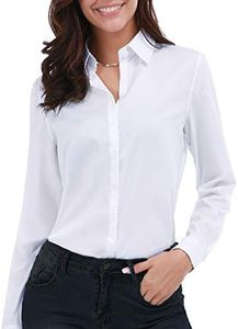 Gemolly Women's Basic Button Down Shirts Long Sleeve Plus Size Simple Stretch Formal Casual Shirt Blouse, White, Small