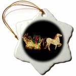 3dRose Red Green White Horse and Sleigh Lites Snowflake Ornament, Porcelain, Multi-Colour, 3-Inch