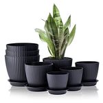 FORAGIFT 8 Pack Plant Pots Indoor, 19/17.5/16.5/16/14/13/11.5/10cm Stripe Grooves Plastic Flower Pots with Drainage Holes and Tray, Modern Decorative Planter Pot for All House Plants, Black