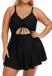 Summer Mae Women's Plus Size One Piece Swim Dress Floral Cutout Swimsuits V-Neck Bathing Suit with Skirt Black 16 Plus