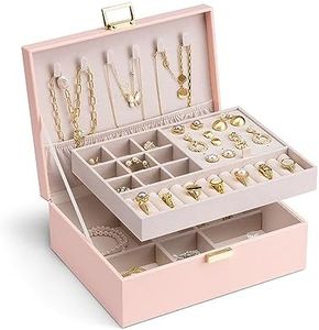 Vlando 2 Layer Jewelry Box Large Jewellery Organiser for Women Removable Jewellery Tray for Necklace Earrings Rings Bracelets Jewelry Boxes Pink