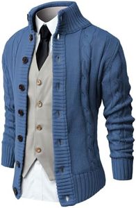 NITAGUT Mens Long Sleeve Stand Collar Cardigan Sweaters Button Down Cable Knitted Sweater，Sky Blue，X-Large