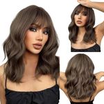 EMMOR Long Wavy Wigs with Bangs Brown Wigs for Women, Heat Resistant Wave Synthetic Wigs for Daily/Party/Cosplay (18 Inch,Brown)