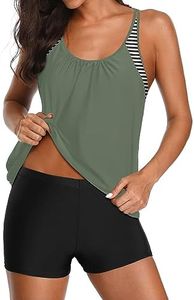 Yonique Tankini Swimsuits for Women Athletic Swim Tank Top with Boy Shorts Two Piece Tummy Control Bathing Suits, Green and Stripes, XX-Large