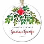 Grandma & Grandpa Ornament 2024 First Christmas as Grandmom & Grandpop New Grandparents Porcelain Ornament, 2.8" Flat Circle Christmas Ornament Glossy Glaze, Golden Ribbon & Gift Bag