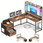 EVAWOO L Shaped Desk Computer Desk, Reversible Office Desk with Led Light Drawers Power Outlet Rustic Laptop Study Corner Table Workstation Retro Industrial Design Stable Metal Frame (EVAWOODNZ1)