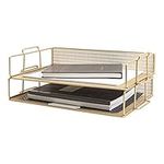 Blu Monaco Gold Desk Organizer Stackable Paper Tray Set of 2 - Metal Wire Two Tier Tray - Stackable Letter Tray - Inbox Tray for Desk