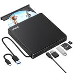 External CD DVD Drive, USB 3.0 & Type-C CD/DVD +/-RW ROM Burner Writer Rewriter with SD/TF & USB Ports, Optical Disc Drive DVD Player for Laptop PC Winodws 11/10 Mac MacBook Pro Air Apple iMac