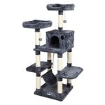 Meerveil Cat Tree, Cat Scratching Post, Cat Tower with Cat Room and Hammock, Hanging Woobies Toy, Two Platforms, Height 145cm, Grey