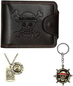 Bigemo 1 Piece Wallet Luffy Anime Wallet Straw Hat Pirates Jolly Roger Anime Wallet with 1 Piece Luffy Skeleton Pendant Necklace & Luffy Keychain for Men Boys Girls Women, Brown, Bifold Wallet