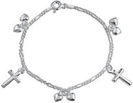 Christian Religious Multi Dangling Hearts Cross Charm Bracelet For Teen Women Polished .925 Sterling Silver 6 Inch Small Wrist