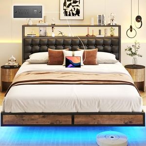 HISOFT Floating Queen Bed Frame with 2-Tier Storage Headboard, Metal Queen Bed Frame with Charging Station & LED, Faux Leather, No Box Spring Needed, Noise Free, Easy to Assemble, Black Square