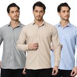 BIGREAMS Men's Cotton Formal Shirt with Patch Pocket | Casual | Oxford | Long Sleeve | Combo Pack of 3- Regular Fit (Blue, Beige, Grey)