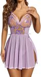 Avidlove Purple Lingerie Floral Lace Lingerie Dress Sexy Chemise Exotic Nightgowns Mesh Nightwear Light purple M