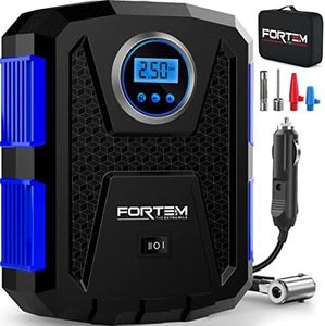 FORTEM Tyre Inflator Portable Air Compressor 150 PSI, Bike Pump, 12V Electric Air Pump for Car Tyres and Bicycles w/LED Light, Digital Tyre Pressure Gauge w/Auto Pump/Shut Off, Carrying Case (Blue)