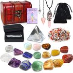 25pcs Natural crystals and healing stones Set,7pcs Therapy Raw Chakra Stones,10pcs Tumbled Stones,Pink Pillar Crystal Necklaces & Pendulum,White crystal pyramid & Pillar,50g Stones Assorted,Wooden Box