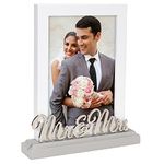 Malden International Designs 5x7 Mr & Mrs Wedding Picture Frame White MDF Wood Frame Routed Gray MDF Wood Base Silver Finish Metal Word Attachment