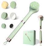 Body Scrubber Electric, Silicone Back Shower Brush USB Rechargeable 6-in-1 With 6 Interchangeable Heads, Massage and Clean Exfoliation-Foot and Back Scrubbers with Long/Short Handle use in Bath, Green