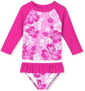 UNIFACO Toddler Girls Long Sleeve Swimsuit Two Piece Rashguard Set Summer Beach Breathable Bathing with UPF 50+ Sun Protection Floral Hibiscus Pink 2T