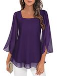 Luranee Blouse for Women, Half Sleeve Flowy Tops Square Neck Fashion Trendy Elegant Work Professional Chiffon Tunic Going Out Wedding Tops Deep Purple-Large