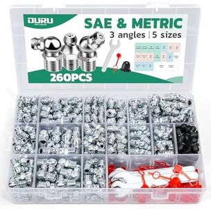 OURU 260PCS Grease Fittings Kit, SAE & Metric Zerk Grease Fittings Straight 45 90 Degree with Grease Fitting Caps & Wrench Kit(7-11mm) for Grease Gun