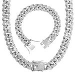 Yolev 12mm Cuban Chain Necklace Bracelet Set for Women Girls Punk Hip Hop 2Pieces Gold/Silver Link Chain Rhinestone Inlaid Bracelet Necklace for Men (silver)