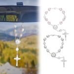 Bestmoy 2PCS Car Rosary Rear View Mirror Hanging Accessories, Rosary & Cross Ornament Pendant for Woman Men, Automotive Interior Decoration, Good Luck Gifts Fits Most Vehicles (Black) (Silver Pink)