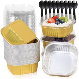 FORBFAN 150 Pack Mini Cake Pans with Lids and Spoons, 10 OZ Aluminium Foil Square Brownie Baking Cups, Disposable Ramekins Cupcake Tins