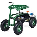 Happytools Rolling Garden Cart with Seat, Heavy Duty Gardening Scooter w/Wheels, Storage & Extendable Steering Handle, Garden Work Seat for Planting, Green